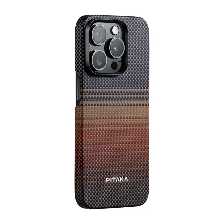 Apple iPhone 15 Pro Max Kılıf M-safe Şarj Özellikli Aramid Karbon Fiber Pitaka Tactile Woven Sunset-Moonrise Serisi Sunset Kapak