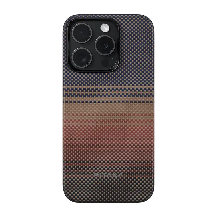 Apple iPhone 15 Pro Max Kılıf M-safe Şarj Özellikli Aramid Karbon Fiber Pitaka Tactile Woven Sunset-Moonrise Serisi Sunset Kapak