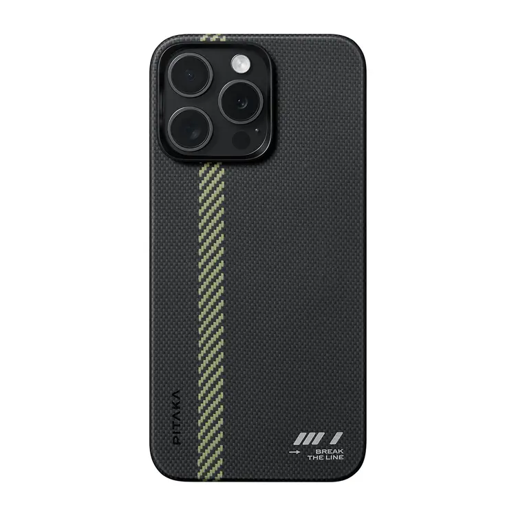 Apple iPhone 15 Pro Max Kılıf M-safe Şarj Özellikli Aramid Karbon Fiber Pitaka Tactile Woven Break The Line Kapak