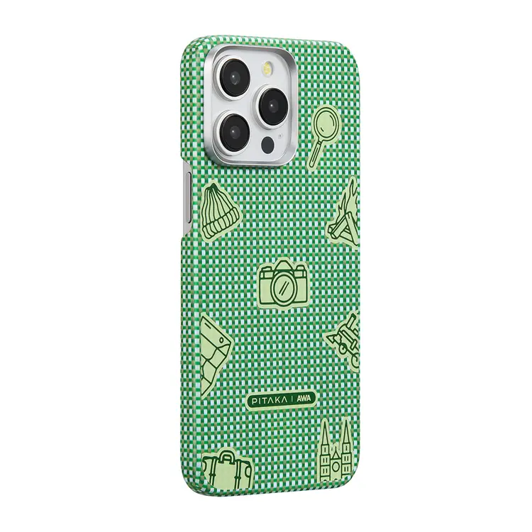 Apple iPhone 15 Pro Max Kılıf M-safe Şarj Özellikli Awa Tasarımlı 1500D Aramid Karbon Fiber Pitaka Ultra-Slim Classic Serisi Forest Kapak