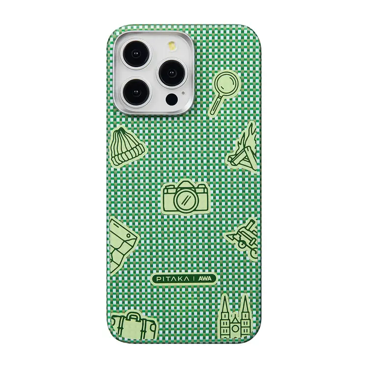 Apple iPhone 15 Pro Max Kılıf M-safe Şarj Özellikli Awa Tasarımlı 1500D Aramid Karbon Fiber Pitaka Ultra-Slim Classic Serisi Forest Kapak