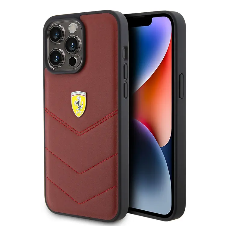 iPhone 15 Pro Max Lisanslı Deri Kılıf, Metal Logo Tasarımlı - Ferrari