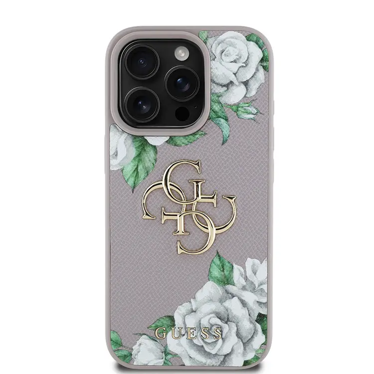 iPhone 15 Pro Max Kılıf, Gül Baskılı Metal Logo - Guess Lisanslı