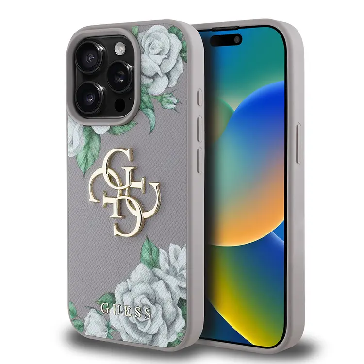 iPhone 15 Pro Max Kılıf, Gül Baskılı Metal Logo - Guess Lisanslı