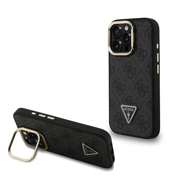 iPhone 15 Pro Max Kamera Standlı PU Deri Kılıf - Guess Taşlı Üçgen Logo