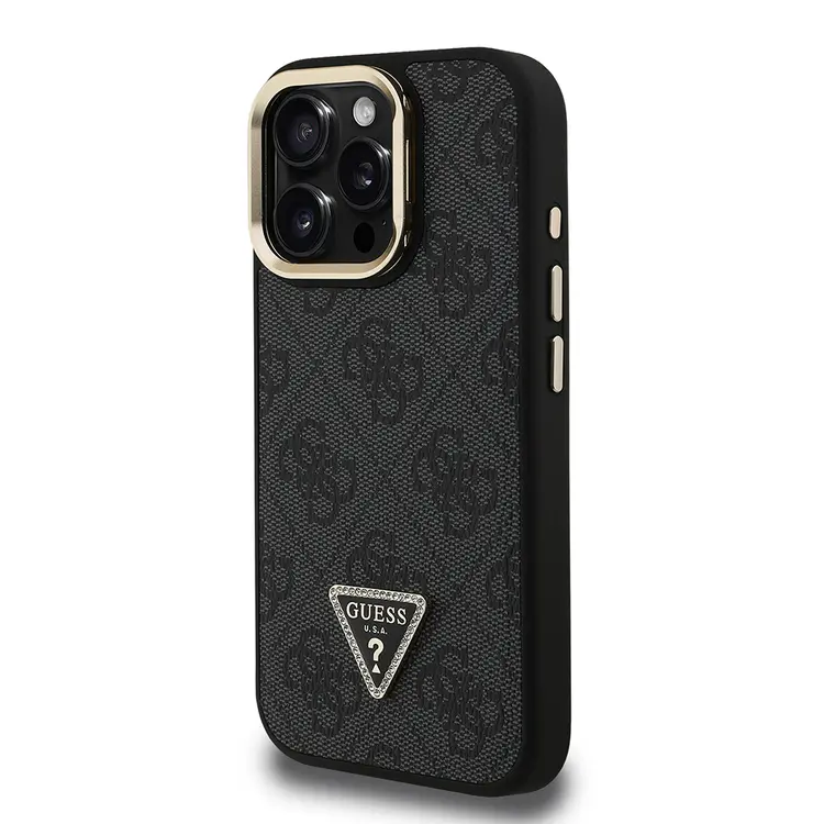 iPhone 15 Pro Max Kamera Standlı PU Deri Kılıf - Guess Taşlı Üçgen Logo