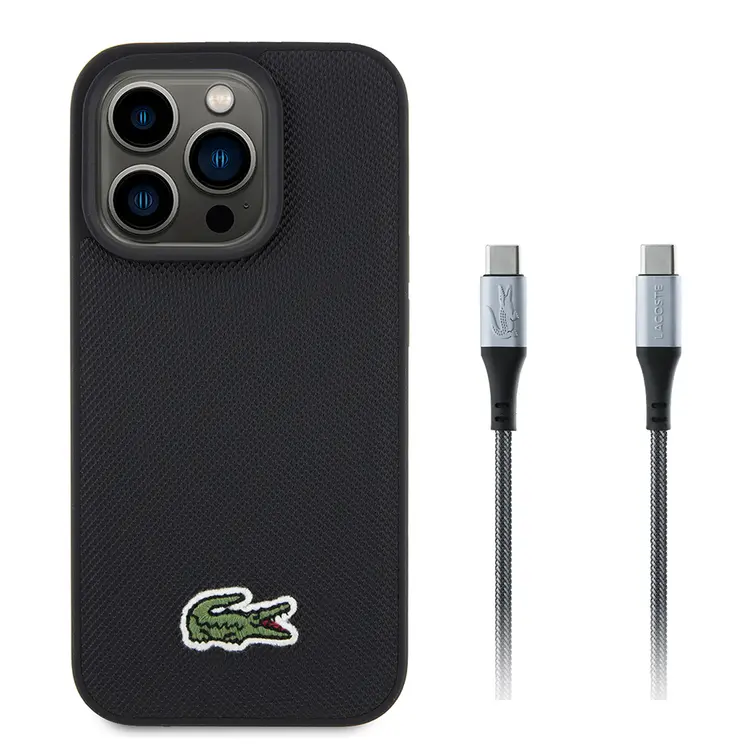 iPhone 15 Pro Max Lacoste Lisanslı PU Pike Desenli Kılıf + Type-C Kablo