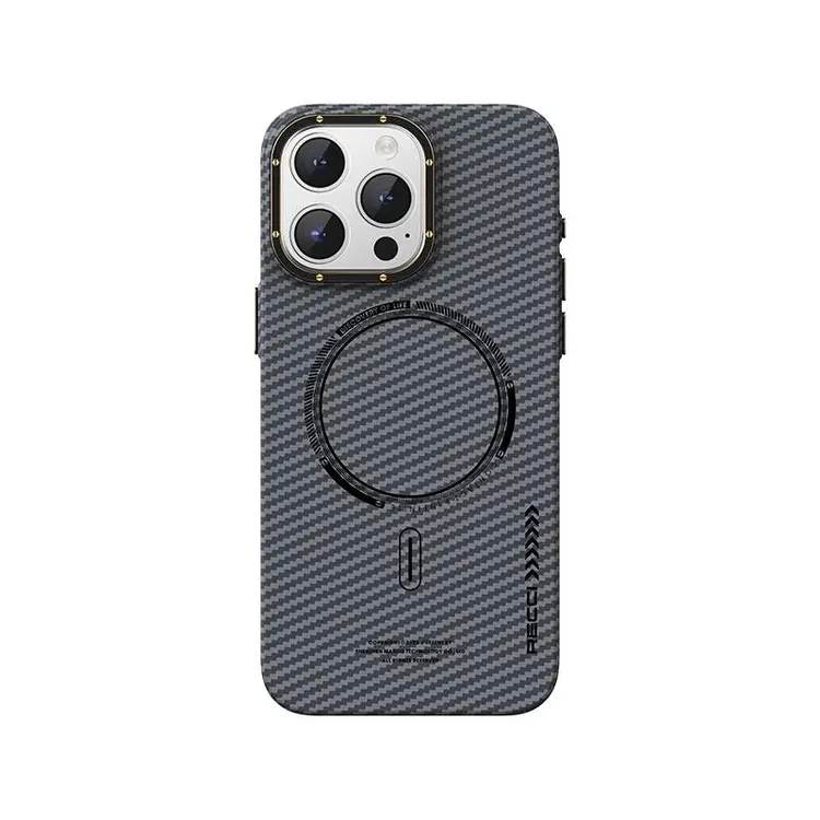 Apple iPhone 15 Pro Max Kılıf Recci Machinist Serisi M-safe Şarj Özellikli Magnetik Karbon Kapak