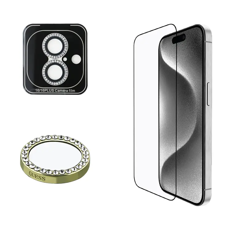 iPhone 16 Uyumlu Ekran ve Lens Koruyucu Seti - Guess Rhinestone