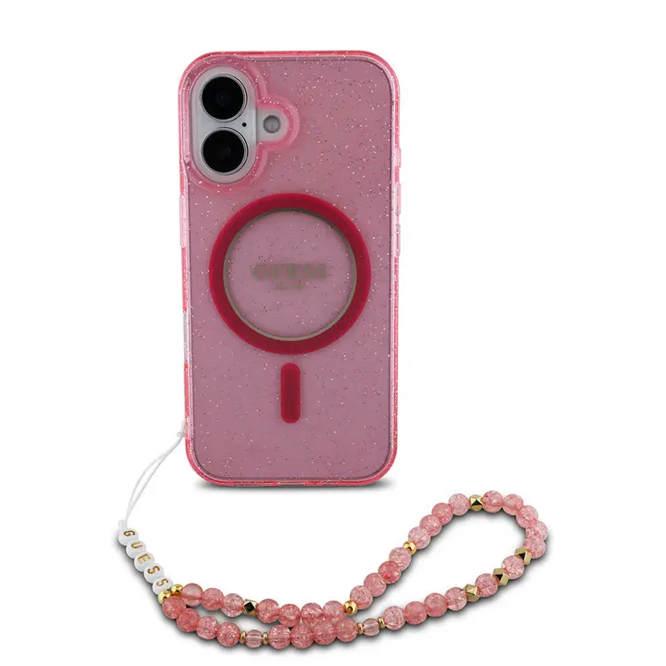 iPhone 16 MagSafe Uyumlu Simli Silikon Kılıf, İnci Bileklikli - Guess