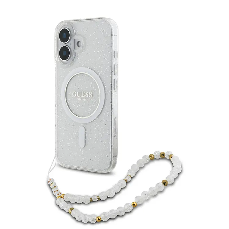 iPhone 16 MagSafe Uyumlu Simli Silikon Kılıf, İnci Bileklikli - Guess