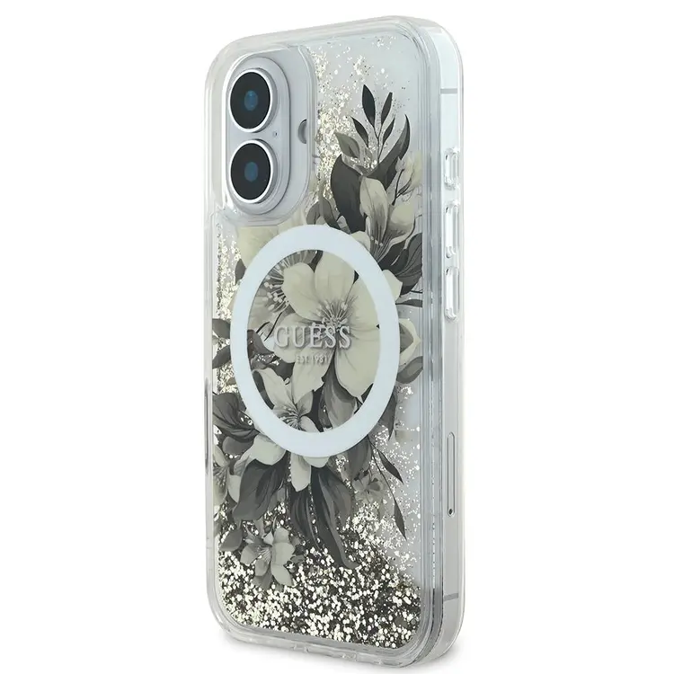 iPhone 16 MagSafe Uyumlu Simli Çiçek Desenli Kılıf - Guess