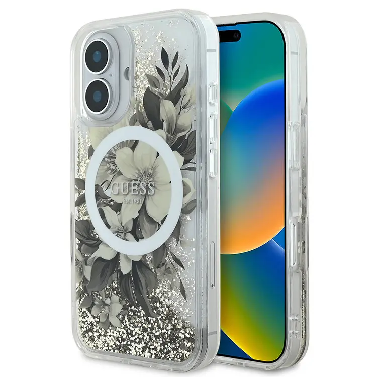iPhone 16 MagSafe Uyumlu Simli Çiçek Desenli Kılıf - Guess