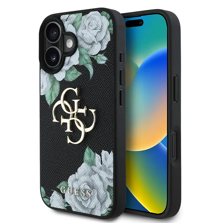 iPhone 16 Gül Baskılı Büyük Metal Logo Kılıf - Guess