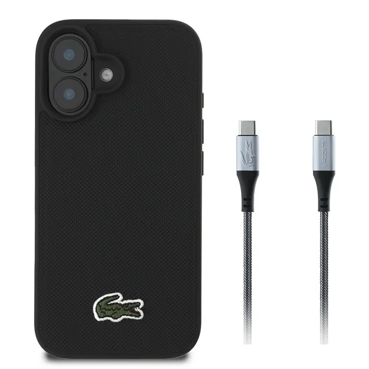 iPhone 16 Uyumlu Lacoste Lisanslı PU Pike Desenli Kılıf + Type-C Kablo