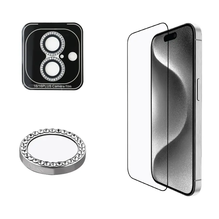 iPhone 16 Plus Rhinestone Ekran ve Lens Koruyucu Seti - Guess