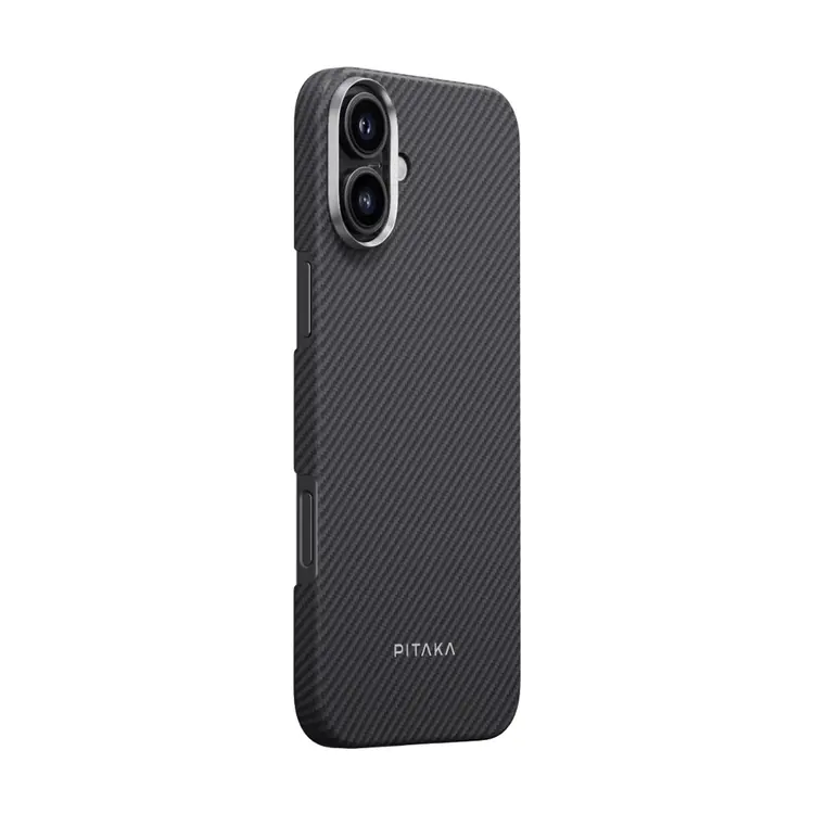 Apple iPhone 16 Plus Kılıf M-safe Şarj Özellikli 600D Aramid Karbon Fiber Pitaka Ultra-Slim Classic Serisi Black-Grey Twill Kapak