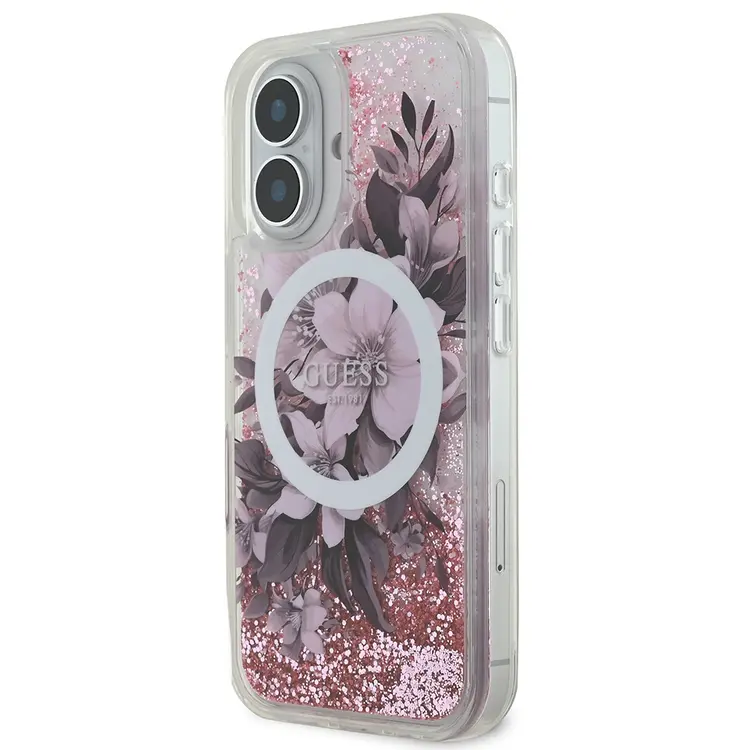 iPhone 16 Plus MagSafe Uyumlu Simli Çiçek Desenli Kılıf - Guess