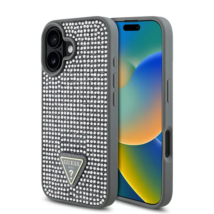 iPhone 16 Plus Taşlı Arka Yüzey Üçgen Logolu Kılıf - Guess