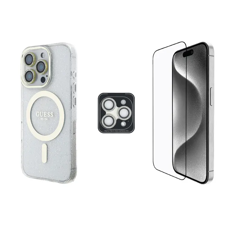 iPhone 16 Pro 3'lü Aksesuar Seti, Simli Glitter Kılıf ve Koruyucular - Guess