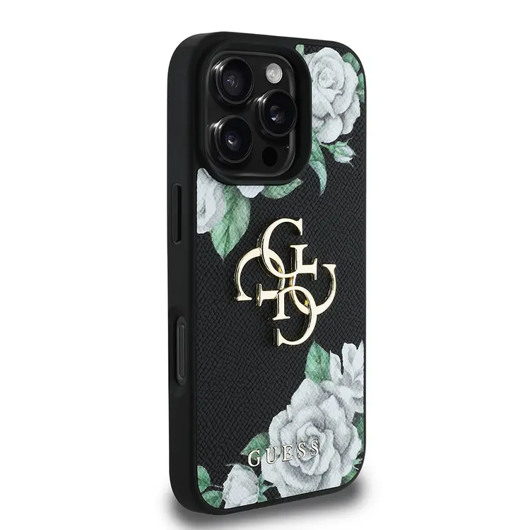 iPhone 16 Pro Gül Baskılı Metal Logo Kılıf - Guess Lisanslı