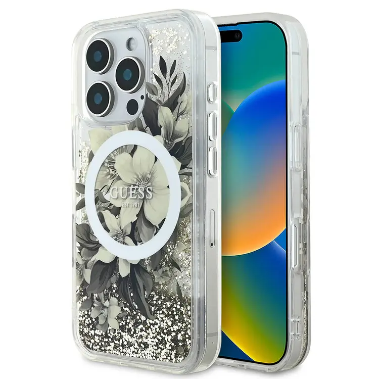iPhone 16 Pro MagSafe Uyumlu Simli Çiçek Desenli Kılıf - Guess