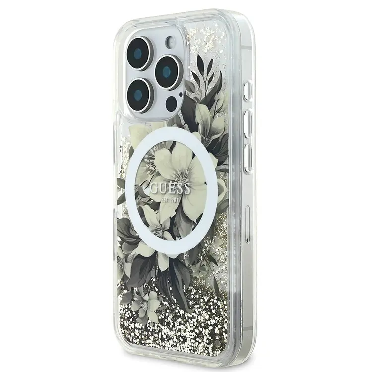 iPhone 16 Pro MagSafe Uyumlu Simli Çiçek Desenli Kılıf - Guess