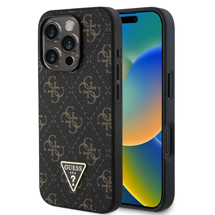 iPhone 16 Pro Kılıf, 4G Desenli Üçgen Logolu PU Deri Kapak - Guess