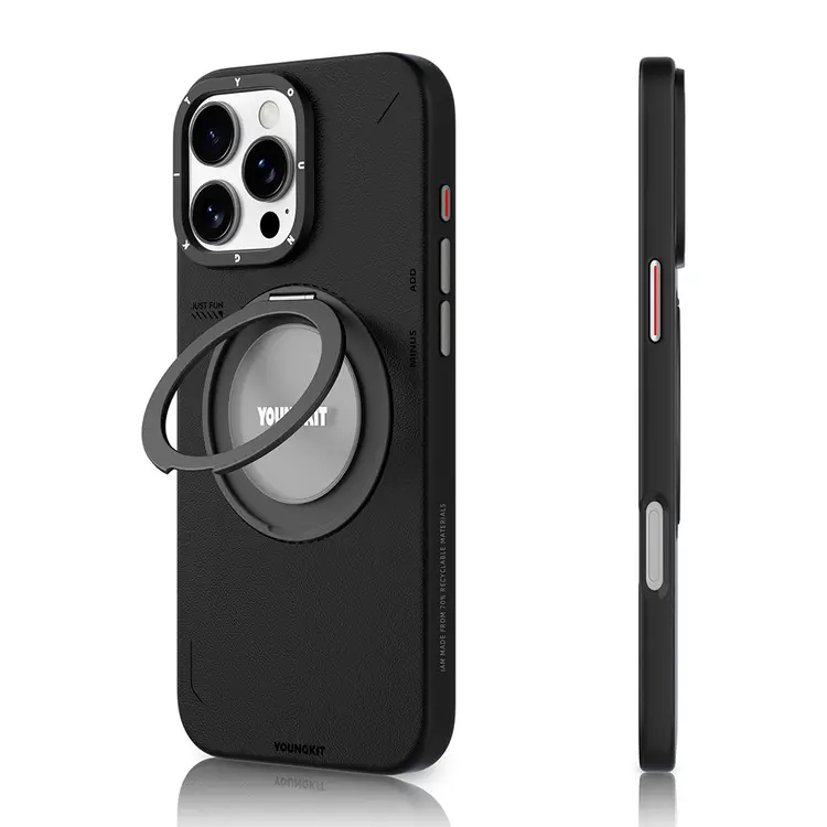 iPhone 16 Pro MagSafe Uyumlu 360° Standlı Mat Deri Kılıf - Youngkit Tech Leather