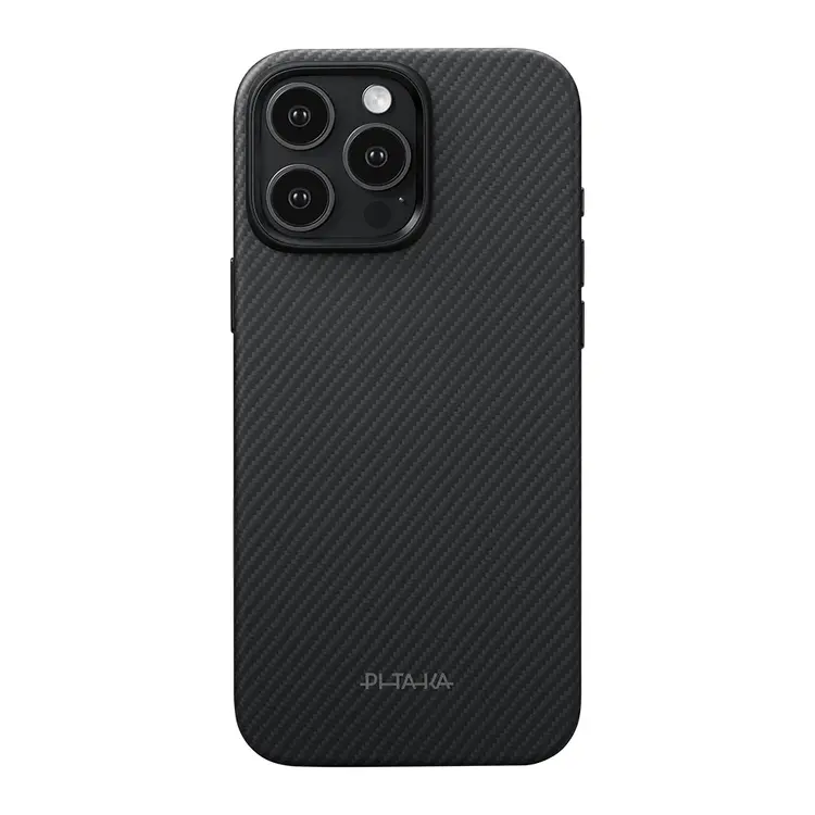 Apple iPhone 16 Pro Kılıf M-safe Şarj Özellikli Aramid Karbon Fiber Pitaka Military-Grade Classic Serisi New Logo Black-Grey Twill Kapak