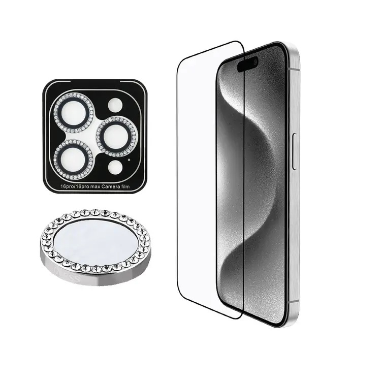 iPhone 16 Pro Max Ekran ve Lens Koruyucu Seti - Guess Rhinestone