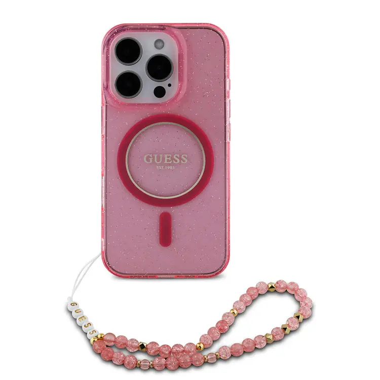 iPhone 16 Pro Max MagSafe Uyumlu Simli Silikon Kılıf - Guess İnci Bileklikli