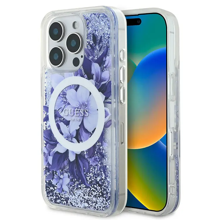 iPhone 16 Pro Max MagSafe Uyumlu Simli Çiçek Desenli Kılıf - Guess