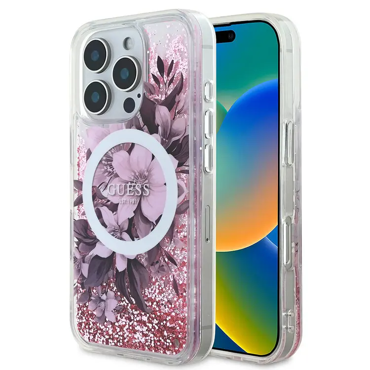 iPhone 16 Pro Max MagSafe Uyumlu Simli Çiçek Desenli Kılıf - Guess