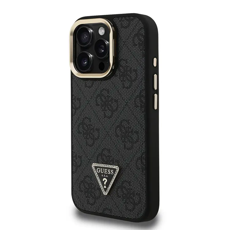 iPhone 16 Pro Max Kamera Standlı PU Deri Kılıf - Guess 4G Taşlı Üçgen Logo