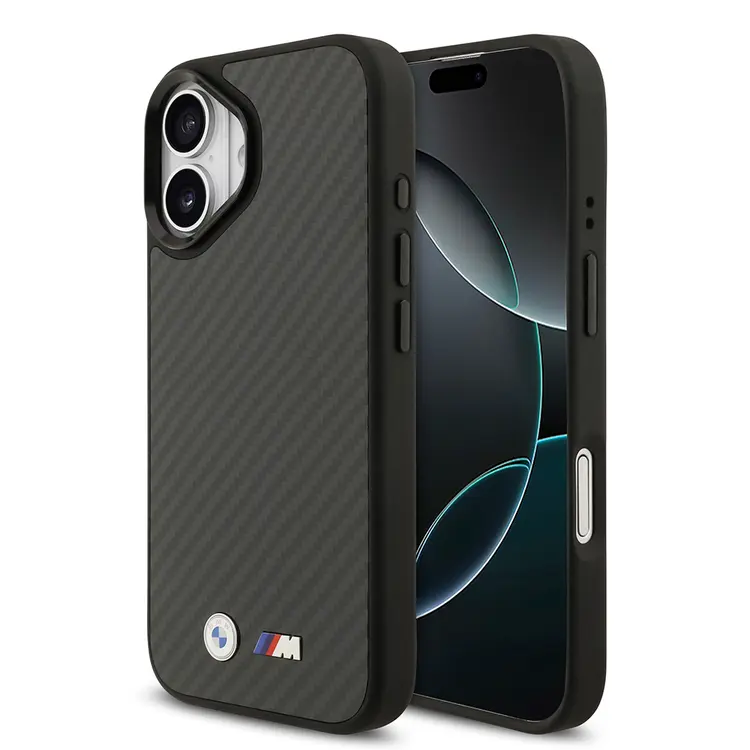 Apple iPhone 17 Kılıf BMW Orjinal Lisanslı M-safe Şarj Özellikli Karbon Fiber Metal Logolu Kapak
