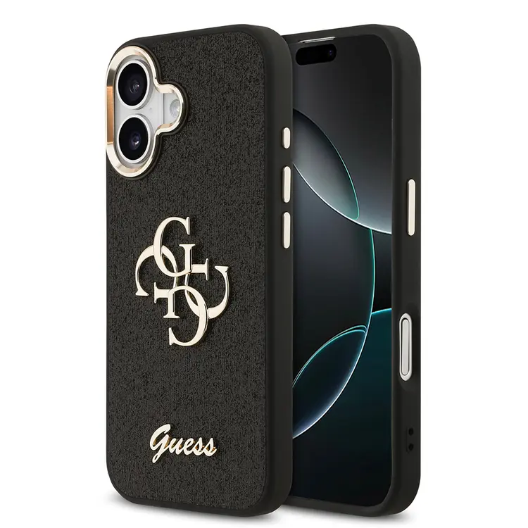 iPhone 17 Glitter Kapak, Büyük Metal Kamera Çerçeveli - Guess 4G Logolu