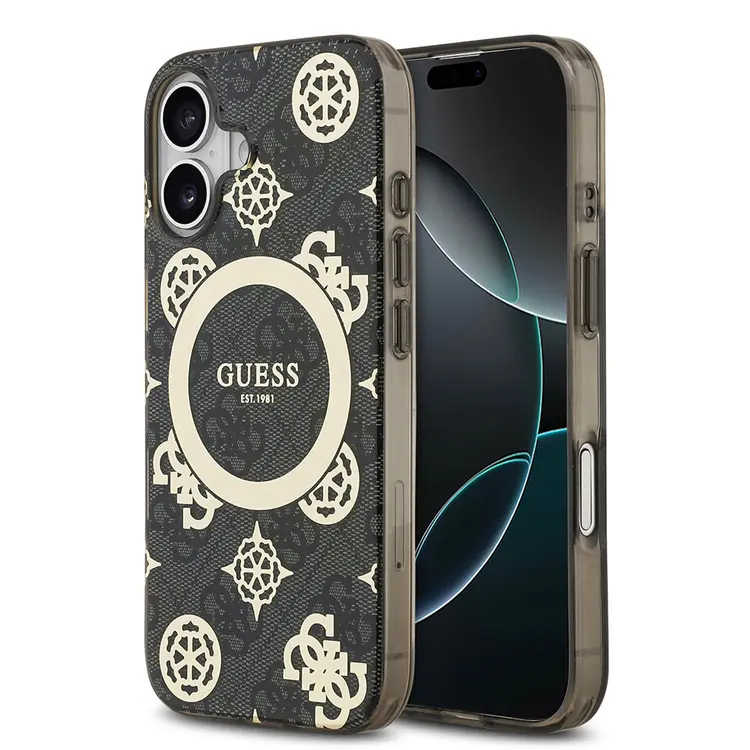 Apple iPhone 17 Kılıf Guess Orjinal Lisanslı M-safe Şarj Özellikli IML Peony ve 4G Desenli Klasik Logolu Kapak
