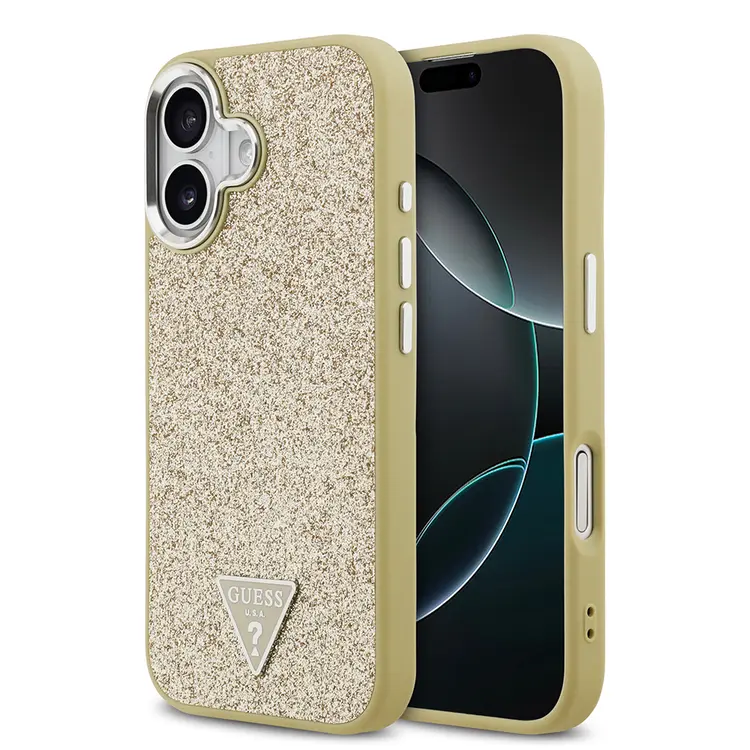 iPhone 17 MagSafe Uyumlu Metal Kamera Çerçeveli Glitter Kılıf - Guess Üçgen Logo