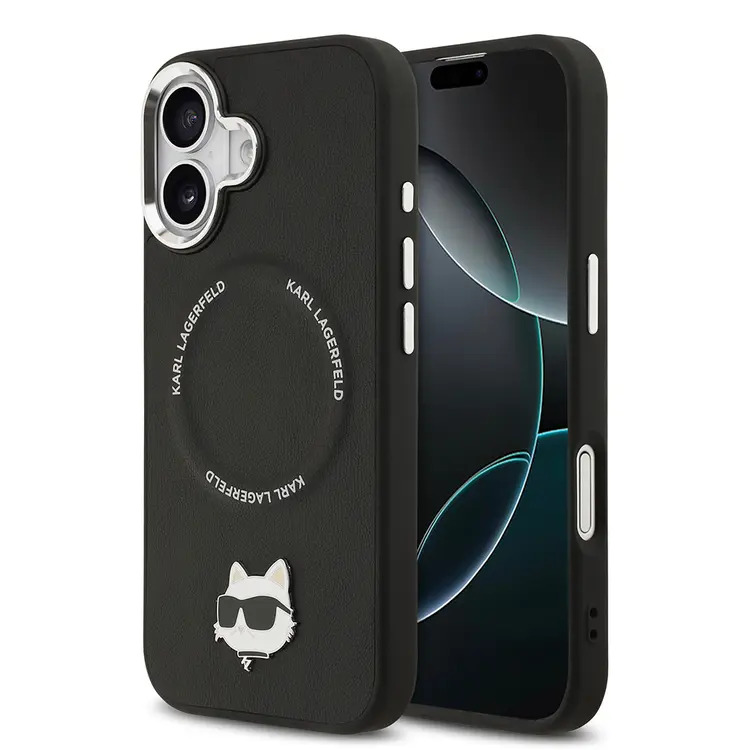 Apple iPhone 17 Kılıf Karl Lagerfeld Orjinal Lisanslı M-safe Şarj Özellikli Metal Kamera ve Buton Tasarımlı Choupette PU Deri Kapak
