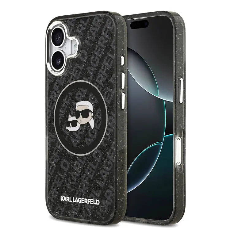 Apple iPhone 17 Kılıf Karl Lagerfeld Orjinal Lisanslı Parlayan Simli Karl & Choupette Heads Kapak
