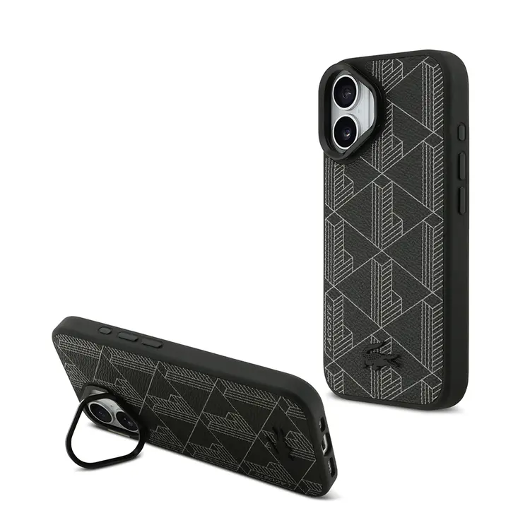 Apple iPhone 17 Kılıf Lacoste Orjinal Lisanslı M-safe Şarj Özellikli Standlı PU Deri Karışık Monogram Desenli Kapak