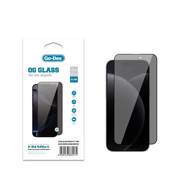 Apple iPhone 17 Pro Go Des OG Glass Privacy Antistatik Temperli Cam Ekran Koruyucu