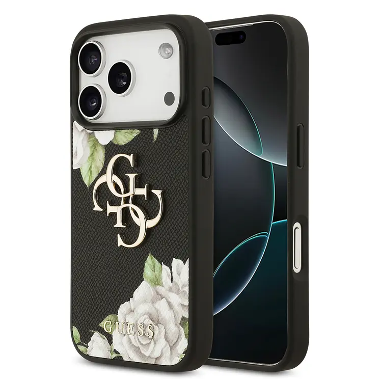 iPhone 17 Pro Gül Baskılı Metal Logolu Kılıf - Guess Lisanslı