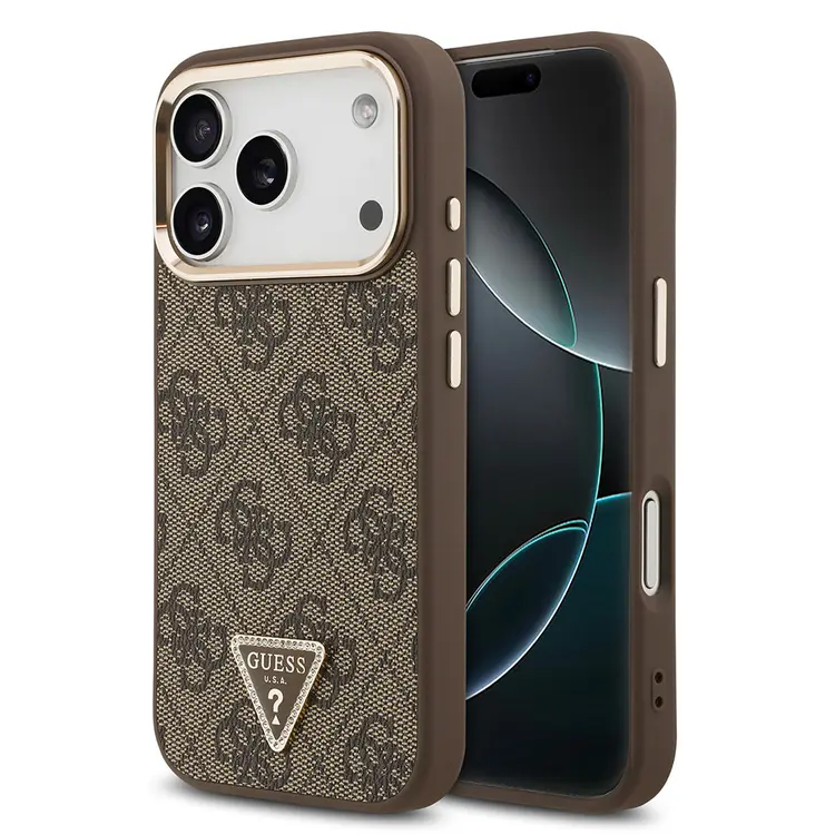 Apple iPhone 17 Pro Kılıf Guess Orjinal Lisanslı M-safe Şarj Özellikli Gold Metal Kamera Çerçeveli Taşlı Üçgen Logo 4G Desenli Kapak