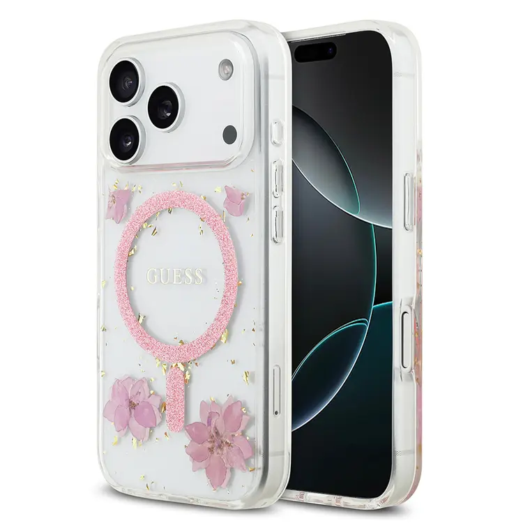 iPhone 17 Pro MagSafe Uyumlu Şeffaf Kılıf - Guess Resin Flowers