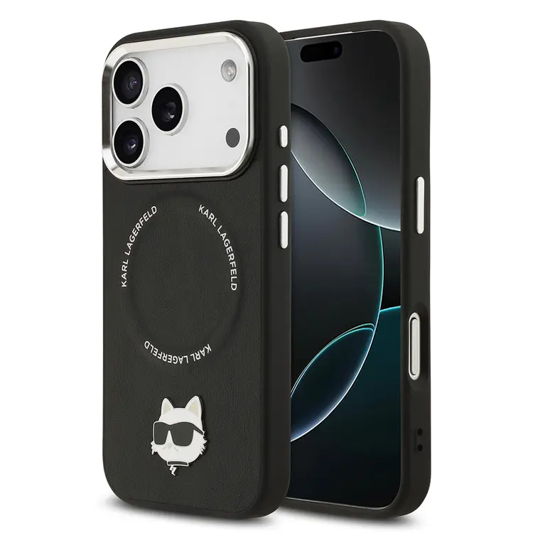 Apple iPhone 17 Pro Kılıf Karl Lagerfeld Orjinal Lisanslı M-safe Şarj Özellikli Metal Kamera ve Buton Tasarımlı Choupette PU Deri Kapak
