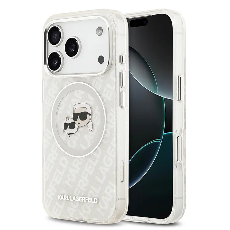 Apple iPhone 17 Pro Kılıf Karl Lagerfeld Orjinal Lisanslı Parlayan Simli Karl & Choupette Heads Kapak