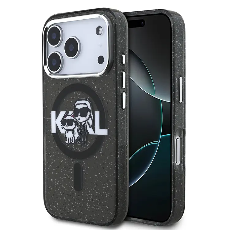 Apple iPhone 17 Pro Kılıf Karl Lagerfeld Orjinal Lisanslı Parlayan Simli Karl & Choupette Sketch Logo Kapak