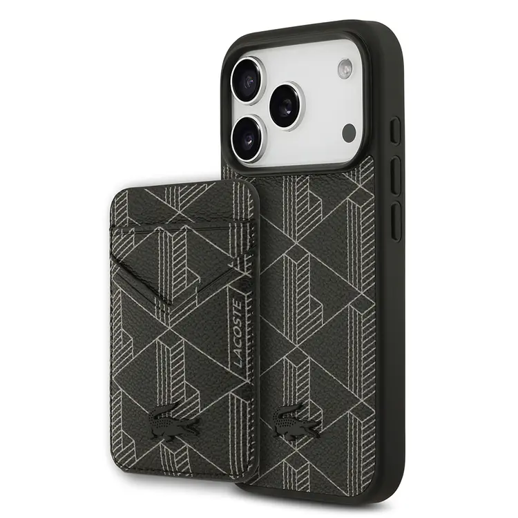 Apple iPhone 17 Pro Kılıf Lacoste Orjinal Lisanslı M-safe Şarj Özellikli PU Deri Tasarımlı Kartlıklı Karışık Monogram Desenli Kapak